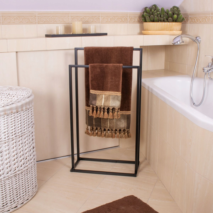 Suport metalic de baie pentru prosoape, cu 2 standuri, 84 cm, negru [7]