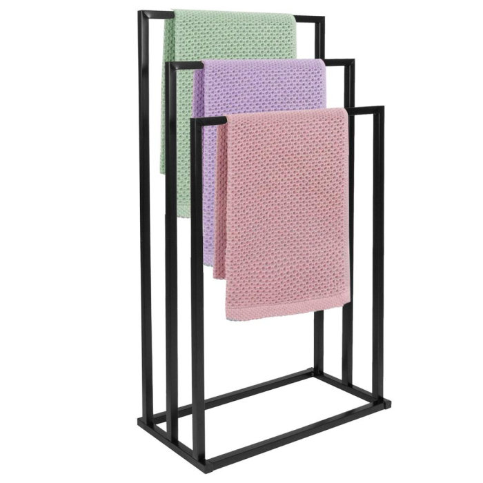 Suport metalic de baie pentru prosoape, cu 3 standuri, 84 cm, negru [2]