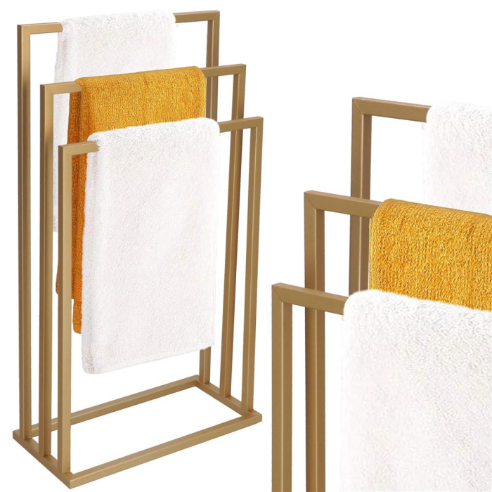 Suport prosoape baie metalic 3 brate verticale, profil patrat, finisaj mat, inaltime 86/76/66 cm, auriu [2]