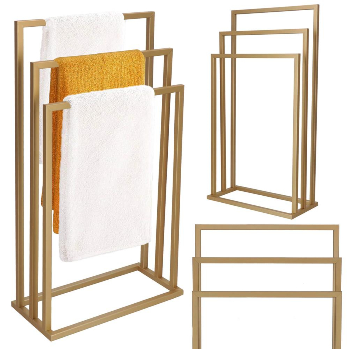 Suport prosoape baie metalic 3 brate verticale, profil patrat, finisaj mat, inaltime 86/76/66 cm, auriu [6]
