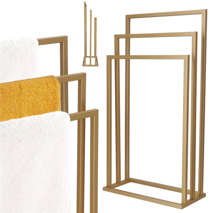 Suport prosoape baie metalic 3 brate verticale, profil patrat, finisaj mat, inaltime 86/76/66 cm, auriu [3]