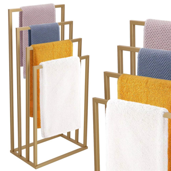 Suport metalic de baie pentru prosoape, cu 4 standuri, 96 cm, auriu mat [4]