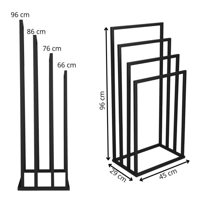 Suport prosoape baie metalic 4 brate verticale, profil patrat, finisaj mat, inaltime 96/86/76/66 cm, negru [12]