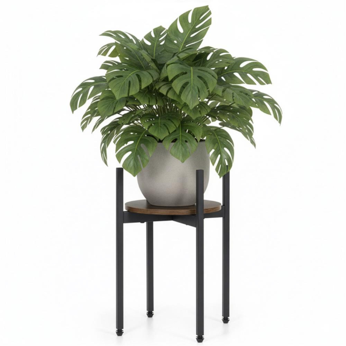 Suport metalic pentru floare, cu polita rotunda din MDF, 32x32x43 cm, negru [14]