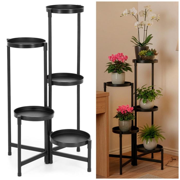 Suport metalic pentru flori cu 5 niveluri, structura pliabila, 48x48x79 cm, negru [4]