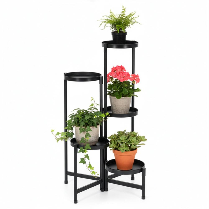 Suport metalic pentru flori cu 5 niveluri, structura pliabila, 48x48x79 cm, negru [16]