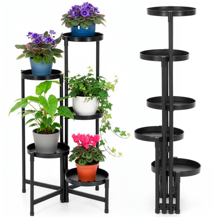 Suport metalic pentru flori cu 5 niveluri, structura pliabila, 48x48x79 cm, negru [2]