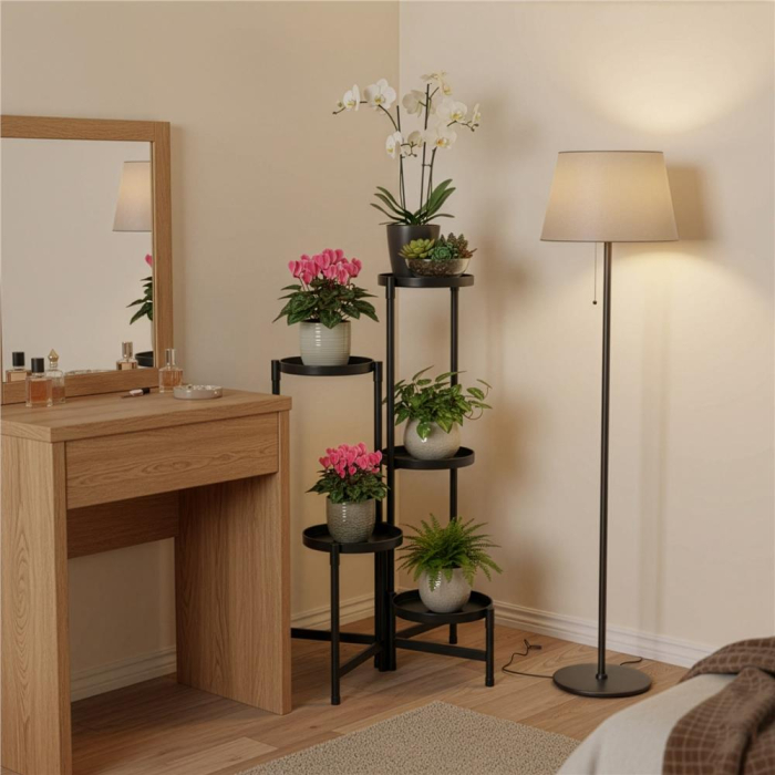 Suport metalic pentru flori cu 5 niveluri, structura pliabila, 48x48x79 cm, negru [5]