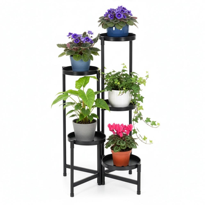 Suport metalic pentru flori cu 5 niveluri, structura pliabila, 48x48x79 cm, negru [15]