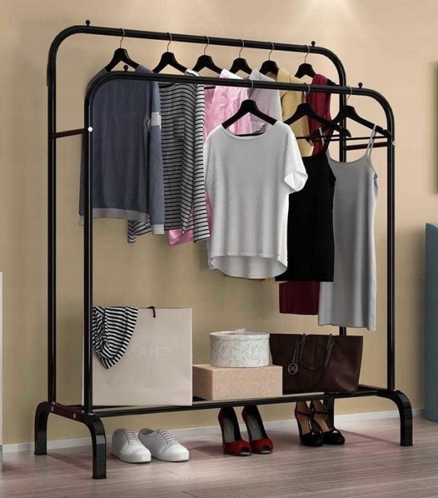 Suport metalic pentru haine 110x55x145 cm, cu bara dubla si raft pentru incaltaminte, negru [6]