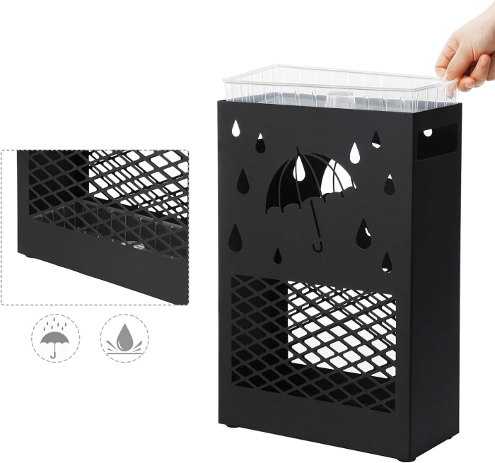 Suport metalic pentru umbrele, cu carlige si tava de picurare, 28x12x41cm, negru [6]