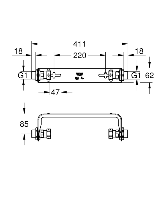 Suport montare Grohe 22501000, 411 mm, 62 mm, 85 mm, pe perete, sense guard produs compatibil, Cupru [2]