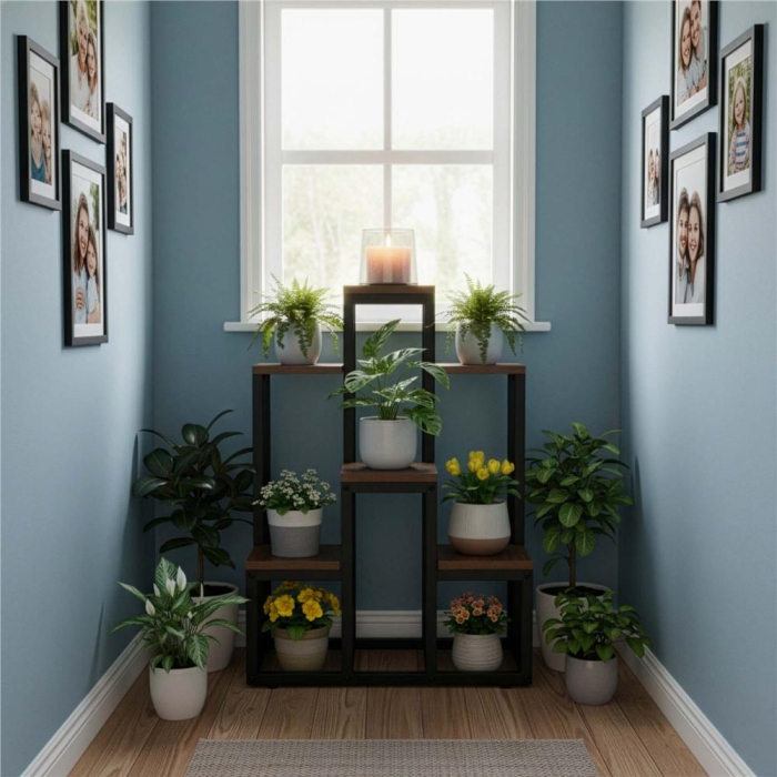 Suport pentru flori cu 6 polite din lemn, structura metal, 51x34x68 cm, negru [6]