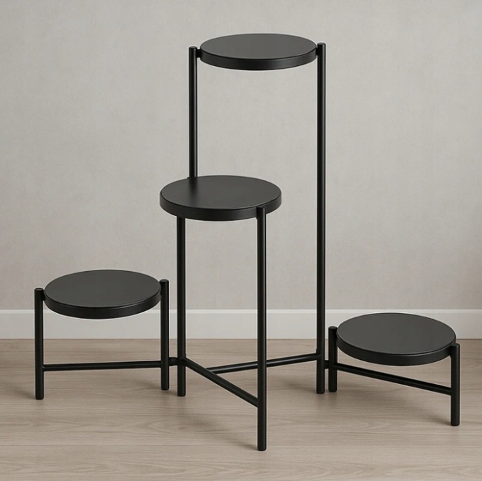 Suport flori metalic 4 niveluri rafturi rotunde interior, 60x43x60 cm, economisire spatiu, negru [2]