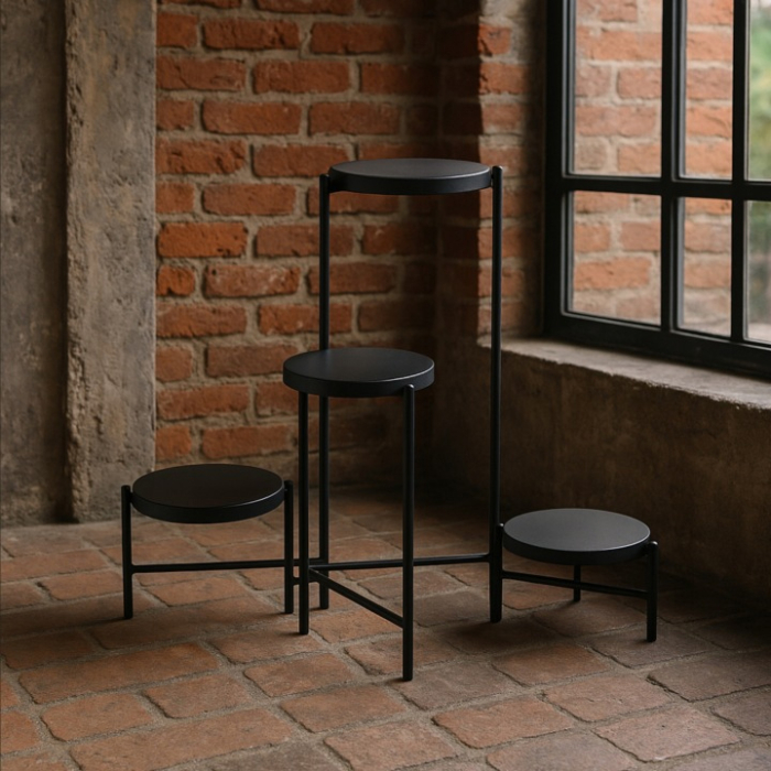 Suport flori metalic 4 niveluri rafturi rotunde interior, 60x43x60 cm, economisire spatiu, negru [4]