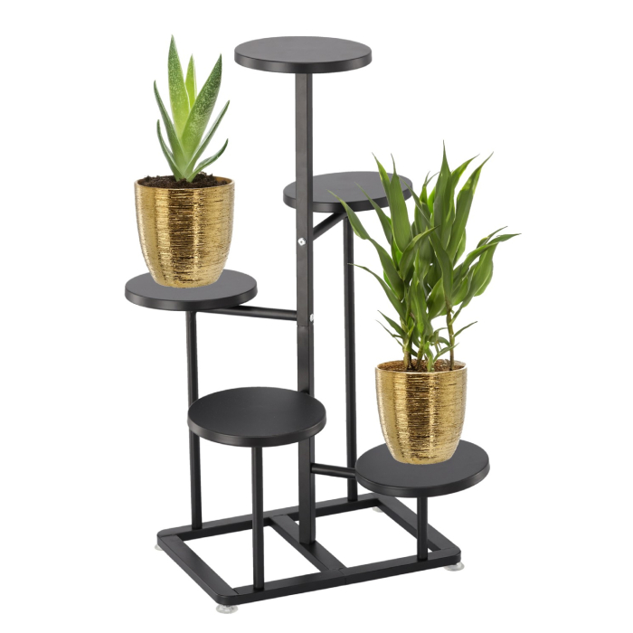 Suport pentru flori cu structura metalica, 5 niveluri, cu rafturi rotunde, 47x47x80 cm, negru [2]