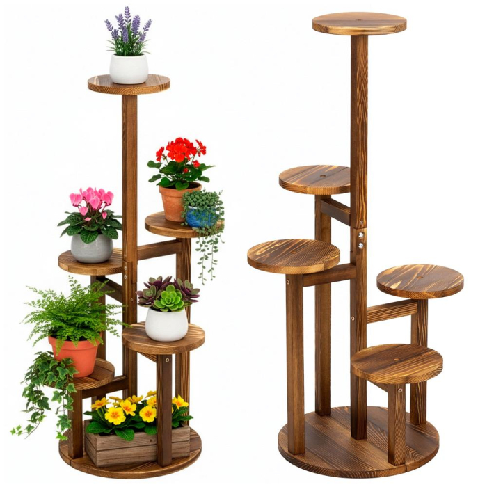 Suport plante 6 niveluri din lemn si MDF, protectii antiderapante, max 25 kg, 48x48x87 cm, maro [4]