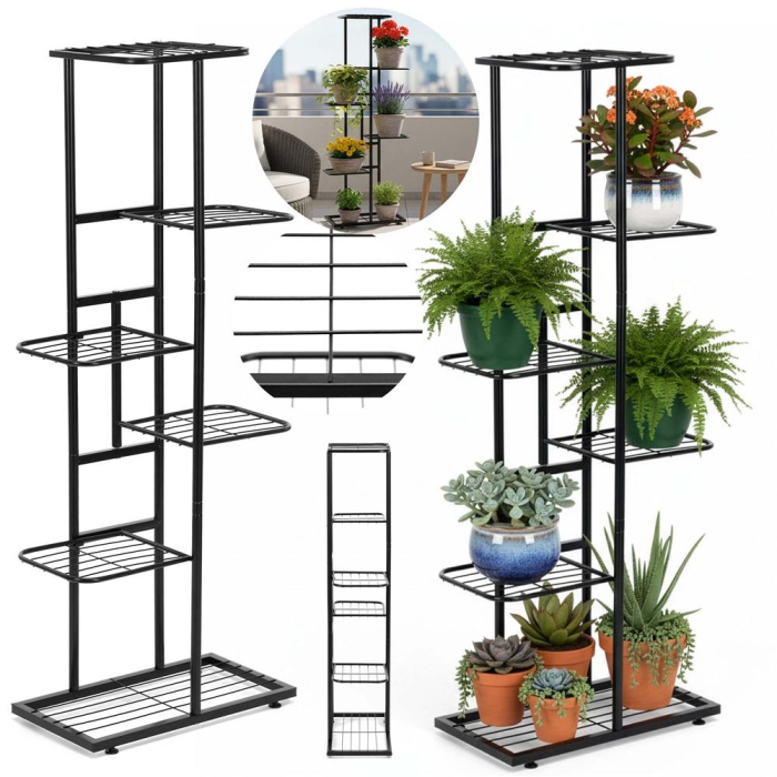 Suport pentru flori, metalic, cu 6 polite, structura verticala, 41x22x106 cm, negru [4]