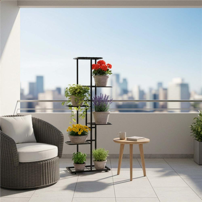 Suport pentru flori, metalic, cu 6 polite, structura verticala, 41x22x106 cm, negru [14]