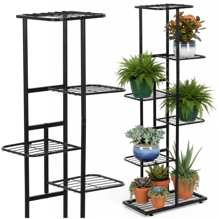 Suport pentru flori, metalic, cu 6 polite, structura verticala, 41x22x106 cm, negru [2]