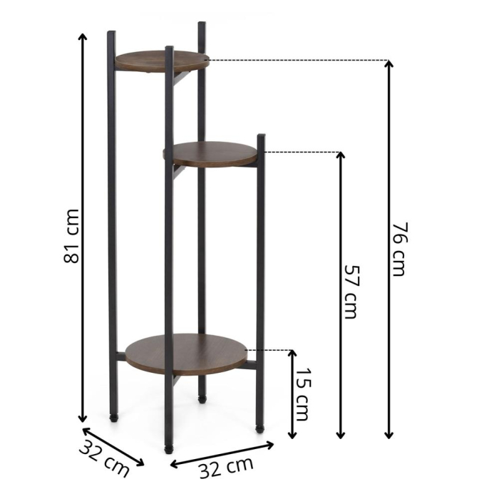 Suport pentru flori, rotund cu 3 polite, structura metalica si MDF, 32x32x81 cm, negru [14]