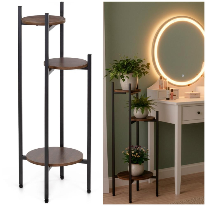 Suport pentru flori, rotund cu 3 polite, structura metalica si MDF, 32x32x81 cm, negru [4]