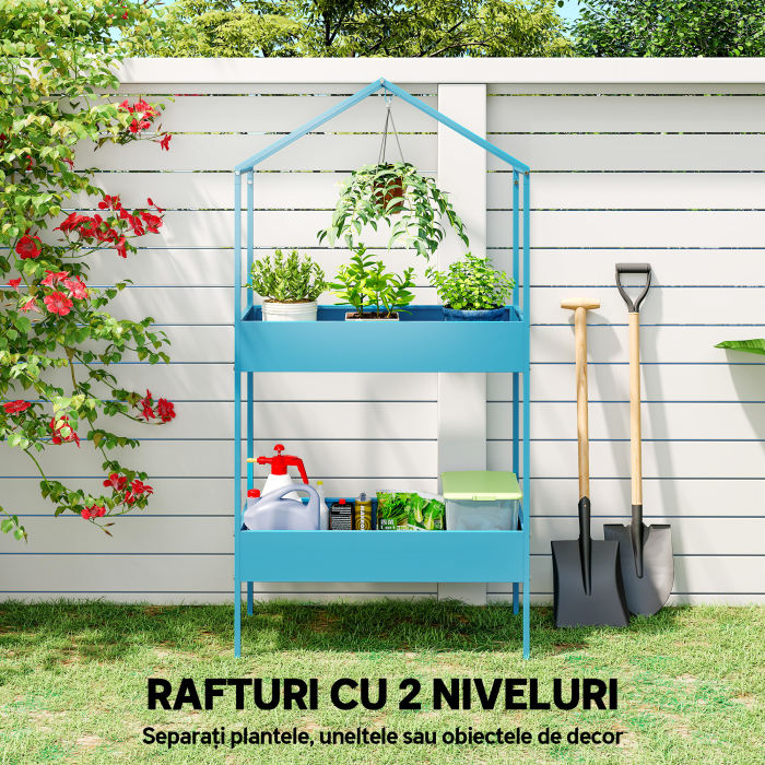  Suport pentru Ghivece pe 2 Niveluri din Metal in Forma de Casuta, Etajera pentru Plante cu Agatatoare, pentru Interior si Exterior, 75x35x150 cm, Albastru-Verde [5]