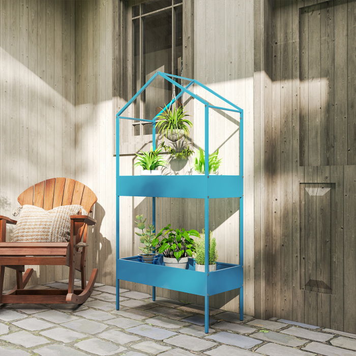  Suport pentru Ghivece pe 2 Niveluri din Metal in Forma de Casuta, Etajera pentru Plante cu Agatatoare, pentru Interior si Exterior, 75x35x150 cm, Albastru-Verde [2]