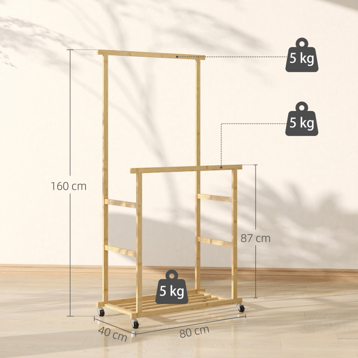  Suport pentru haine cu 2 bare, raft inferior si 4 roti din bambus, 80x40x160 cm, lemn natural [3]