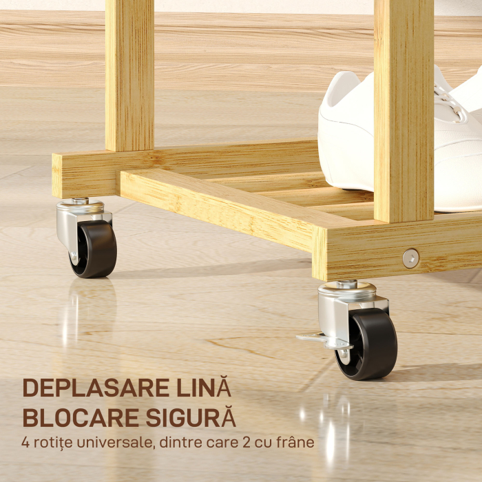  Suport pentru haine cu 2 bare, raft inferior si 4 roti din bambus, 80x40x160 cm, lemn natural [5]
