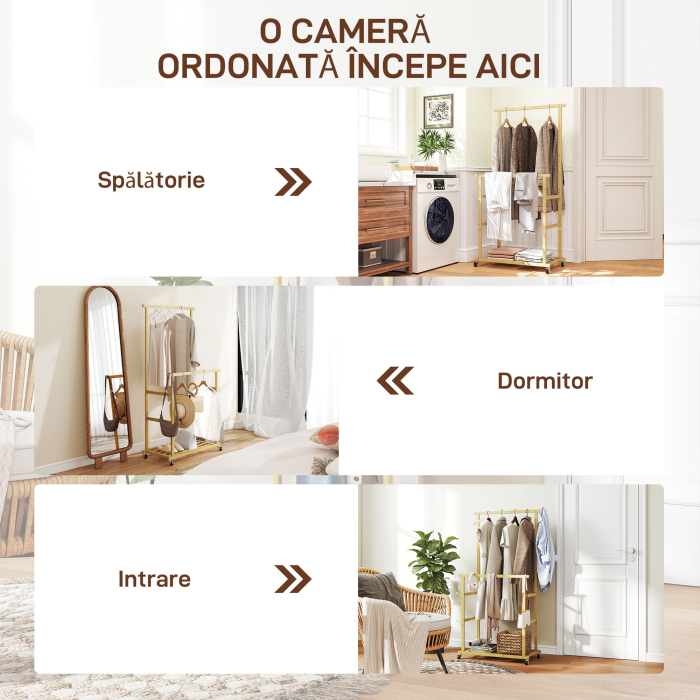  Suport pentru haine cu 2 bare, raft inferior si 4 roti din bambus, 80x40x160 cm, lemn natural [7]