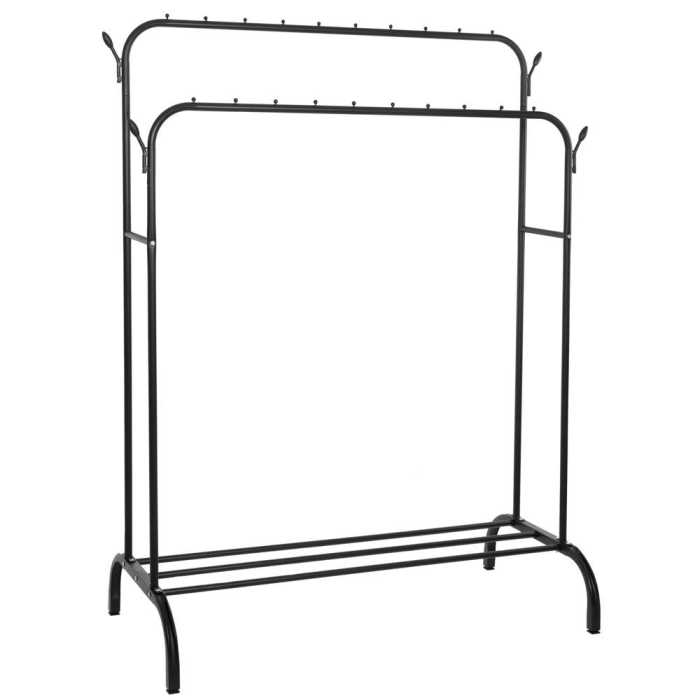 Suport pentru haine cu cadru metalic, cu sina dubla de agatat si carlige cuier, 55x110x146cm, negru [1]
