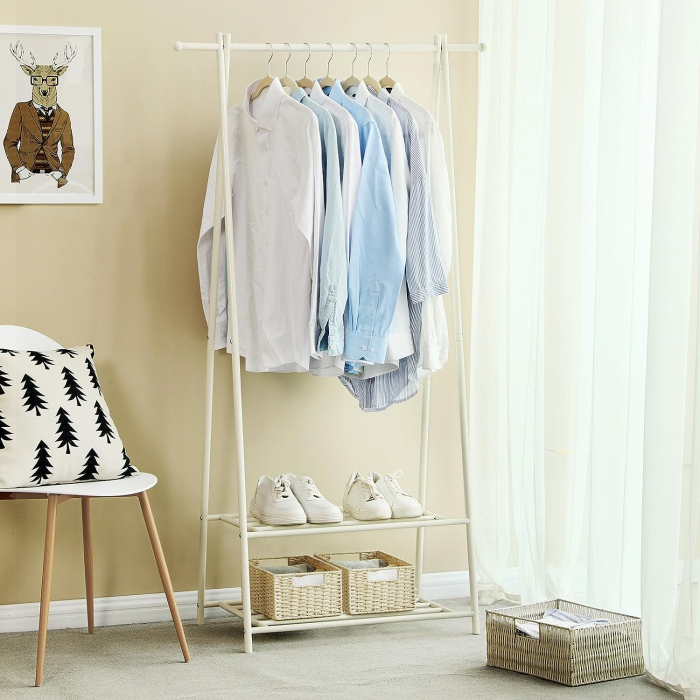 Suport pentru haine, cu raft depozitare pe 2 niveluri, cadru metalic, 88x41x155cm, alb [5]