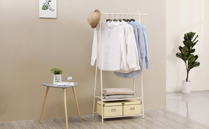 Suport pentru haine, cu raft depozitare pe 2 niveluri, cadru metalic, 88x41x155cm, alb [4]