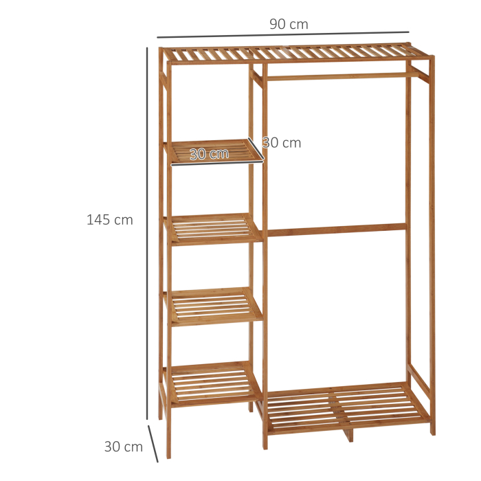  Suport pentru Haine din Bambus cu Rafturi pe 6 Niveluri si Bara pentru Haine, Stender pentru Dormitor si Hol, Design Modern, 90x30x145 cm, Lemn Natural [3]