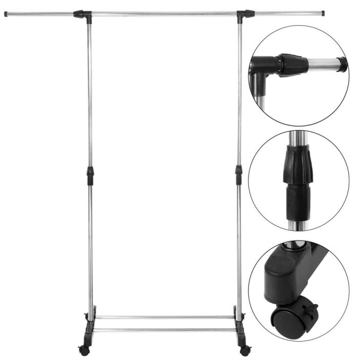 Suport pentru haine pe roti, reglabil pe inaltime si latime, din aluminiu cromat, 160x45x150cm, argintiu [13]