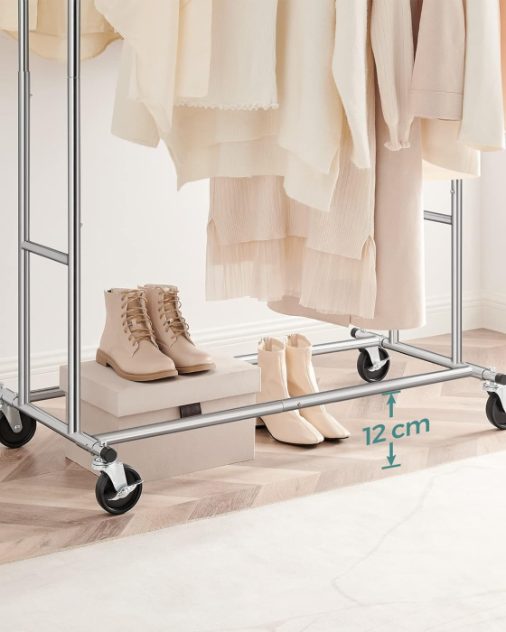 Suport pentru haine pe roti, sina dubla extensibila, din inox cromat, sarcina 100kg, 129x55x148cm, argintiu [7]