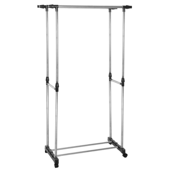Suport pentru haine pe roti, sina dubla, reglabil pe inaltime si latime, din aluminiu cromat, 155x45x150cm, argintiu [14]
