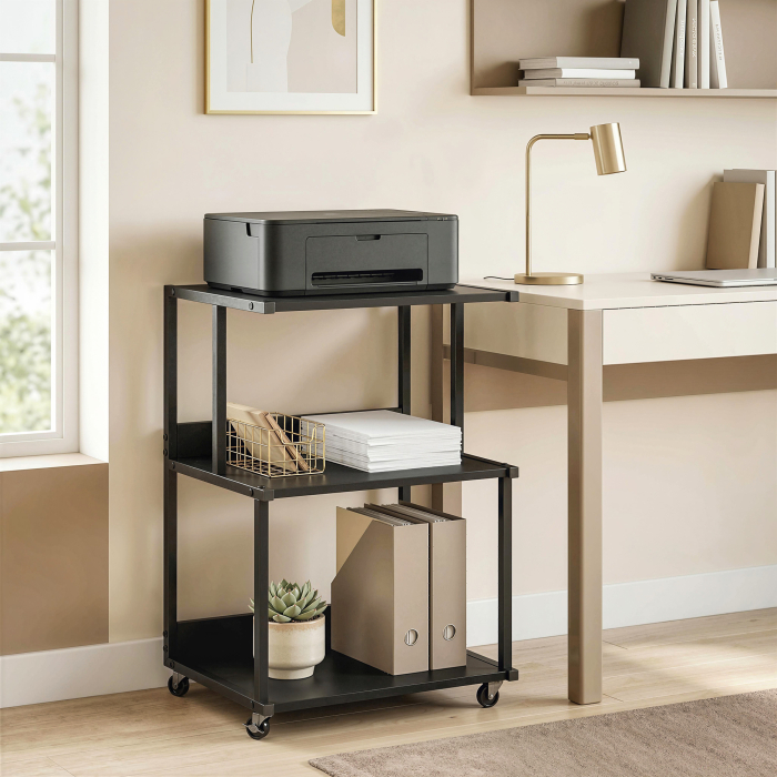  Suport pentru Imprimanta cu 3 Niveluri, Tava Industriala Metalica pentru Birou, Negru [2]