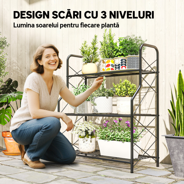  Suport pentru plante cu 3 niveluri pentru interior si exterior din metal, 69x28.5x78 cm, negru [4]