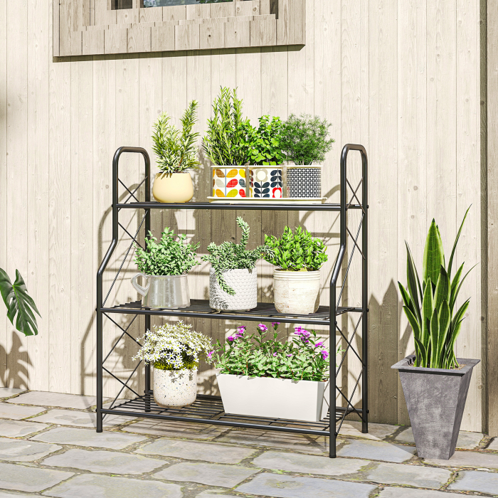  Suport pentru plante cu 3 niveluri pentru interior si exterior din metal, 69x28.5x78 cm, negru [2]