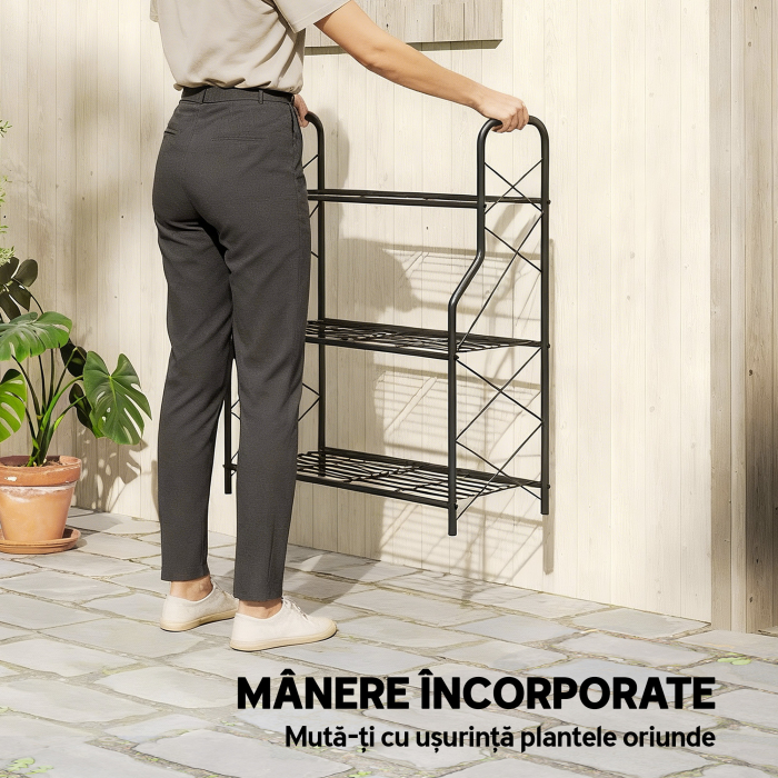  Suport pentru plante cu 3 niveluri pentru interior si exterior din metal, 69x28.5x78 cm, negru [7]