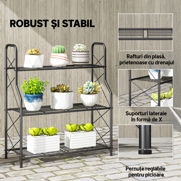  Suport pentru plante cu 3 niveluri pentru interior si exterior din metal, 69x28.5x78 cm, negru [5]