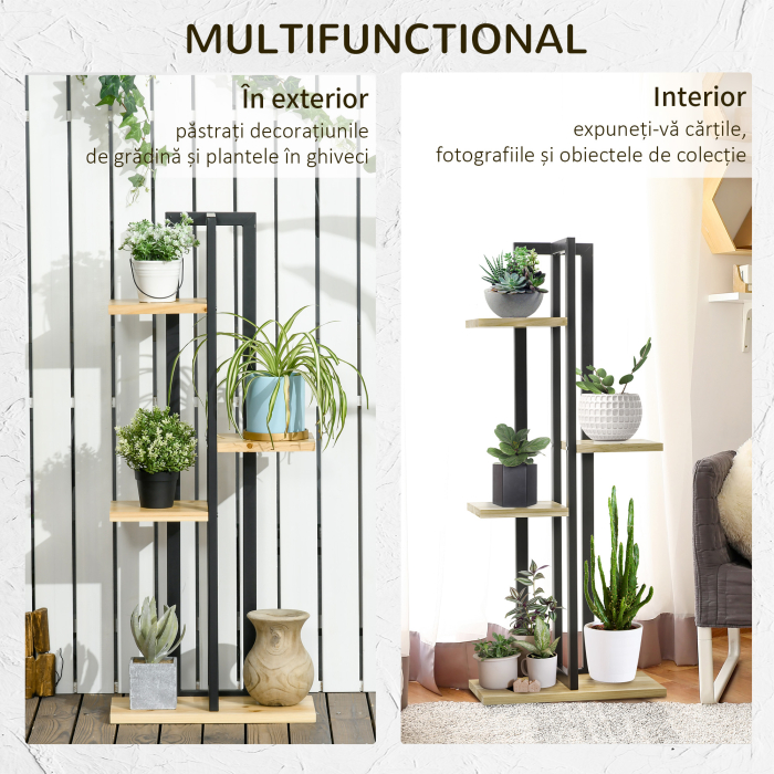  Suport pentru Plante cu 4 Etaje din Lemn de Brad si Metal, 45x25x110 cm, Negru [6]