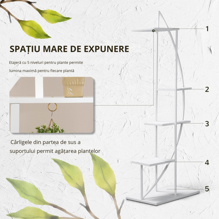  Suport pentru plante cu 5 niveluri Scara in forma de jumatate de luna Suport pentru ghivece Raft pentru interior, exterior, camera de zi, studiu, balcon si dormitor [7]