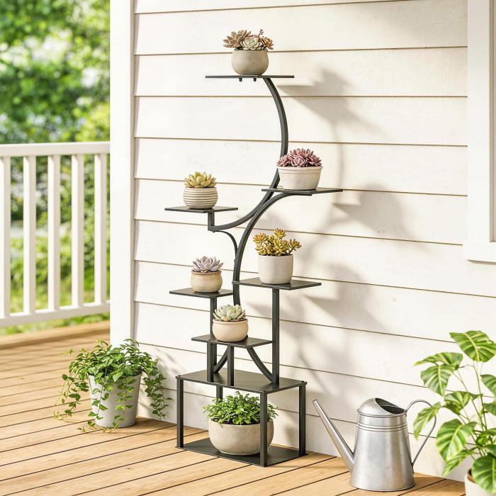  Suport pentru Plante cu 8 Niveluri in Forma de S, Suport Ghivece din Metal pentru Interior si Exterior, pentru Gradina, Balcon, Terasa, Camera de Zi, 74x26x158.5 cm, Negru [9]