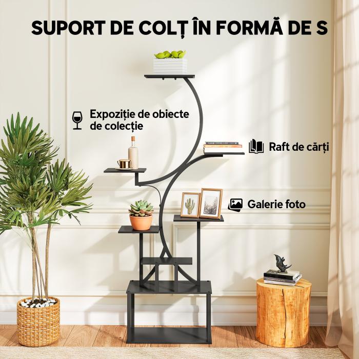  Suport pentru Plante cu 8 Niveluri in Forma de S, Suport Ghivece din Metal pentru Interior si Exterior, pentru Gradina, Balcon, Terasa, Camera de Zi, 74x26x158.5 cm, Negru [5]