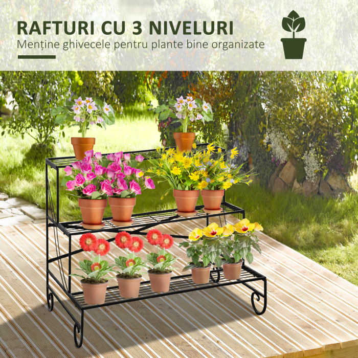  Suport pentru Plante din Fier Forjat, Scara Suport pentru Ghivece pentru Exterior pe 3 Niveluri, Negru [4]