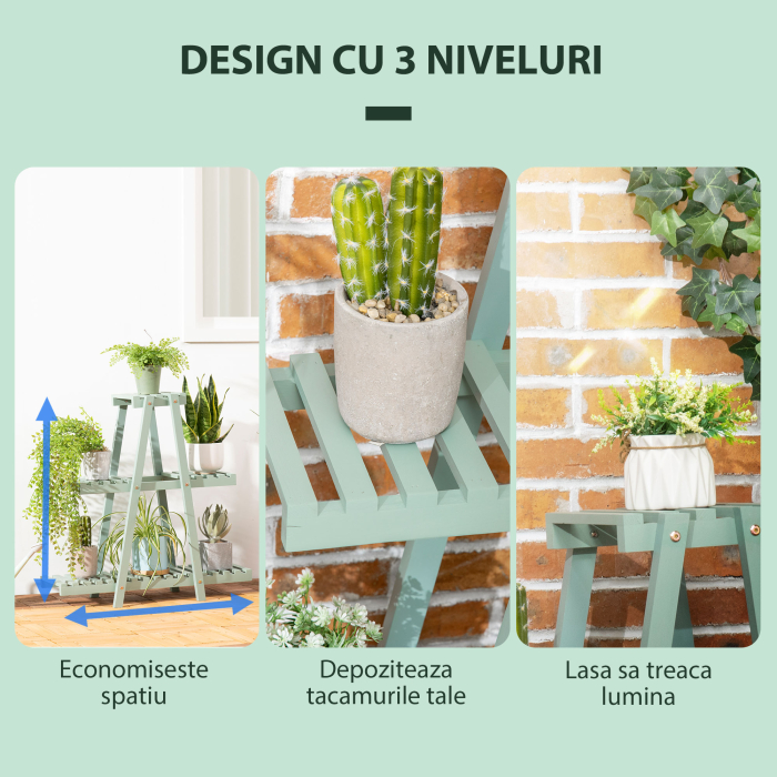  Suport pentru plante din lemn de brad cu 3 niveluri pentru interior si exterior, 76x26x76cm, verde deschis [6]