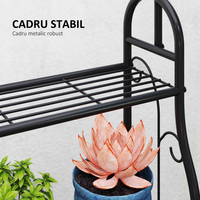  Suport pentru Plante pe 3 Niveluri cu Bara pentru Agatat si Carlige, Raft Metalic pentru Flori si Ghivece, pentru Interior si Exterior, Balcon, Living, Dormitor, Negru [6]